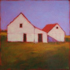 a painting of two white barns in a field