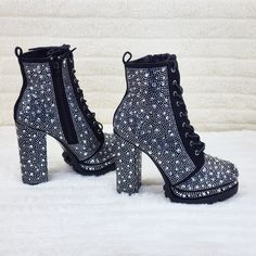 Beautiful Rhinestone Ankle Boots Black Faux Suede 4.75" Heel With A 1.5" Platform Deep Lug Tread Adjustable Lace Up Front Design With A Easy To Use Side Zipper New In Box Rhinestone Playform Heel Boots, Wild Diva Boots, Winter Rhinestone Boots With Round Toe, Winter Boots With Rhinestones And Round Toe, Party Boots With Rhinestones And Round Toe, Party High Heel Boots With Rhinestone Rivets, Winter Embellished High Heeled Boots, Winter Boots With Rhinestone Rivets For Night Out, Winter Embellished Ankle Boot Heels