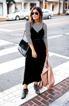 The 5 Pieces Fashion Girls Are Wearing on Repeat This Season via @WhoWhatWear Boots With A Dress, Slip Dress Outfit, How To Wear Ankle Boots, Velvet Slip Dress, Walking Down The Street, Striped Shirts, Winter Dress Outfits, Looks Black