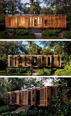 three pictures of different types of houses in the woods