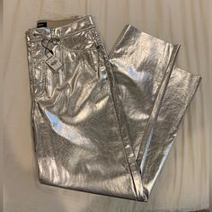 New With Tags! Straight Leg Metallic Pants From Express! Womens Wool Dress Pants, Paisley Pants, Metallic Jeans, Metallic Pants, Armani Black, Pixie Pants, Flannel Pants, Linen Blend Pants, Pants Large