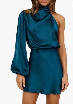 Lasaky - Silk Satin One-Shoulder Long Sleeve Evening Dress with Silk Long Sleeves and Round Neck Cocktail Mini Dress Womens Bridesmaid Dresses, Party Edit, Shoulder Off, High Neck Mini Dress, Gaun Fashion, 파티 드레스, Satin Evening Dresses, Satin Long Sleeve, Long Sleeve Evening Dresses