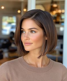 Blunt Bob with Fall Hair Colors 2024 Copper Chic Trend. Asian Brown Hair Color, Straight Brown Bob, Short Brunette Hair Bob, Short Brown Hair Styles, Brunette Color Ideas, Haircolor 2024 Women, Hairstyle Office, Brunette Bob Hairstyles, Brown Bobs