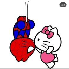 hello kitty and spiderman hanging from the ceiling in front of a white background,