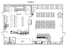 the floor plan for a restaurant with tables and chairs, seating areas, and an open kitchen