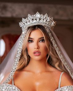 a woman in a wedding dress with a tiara on her head and veil over her face