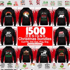 christmas sweatshirts for men and women with the words 500 designs on them in different styles