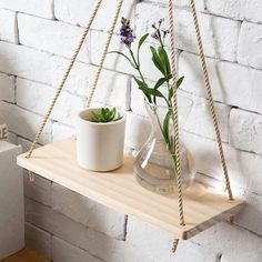 Wooden Rope Swing Wall-Mounted Shelf - Sage & Sill Hanging Rope Shelves, Wooden Wall Shelves, Rope Shelves, Wooden Swings, Estantes Flotantes, Natural Home Decor, Hanging Rope, Plant Shelves, Wall Mounted Shelves