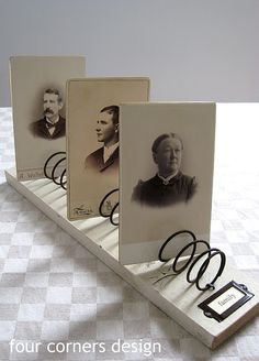 three old fashioned photo's are on a table with scissors in front of them