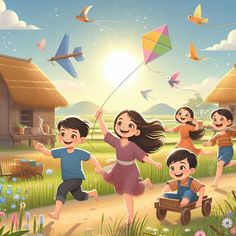 children playing with kites in the countryside