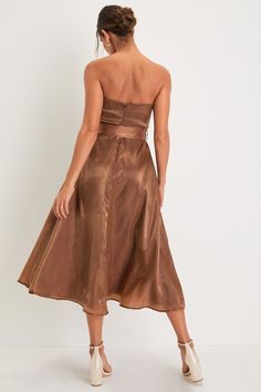 Chicly Stunning Shiny Brown Strapless Belted Midi Dress Glamorous Fitted A-line Strapless Dress, Satin A-line Strapless Dress For Party, Glamorous A-line Midi Dress For Prom, Chic Silk A-line Strapless Dress, Glamorous A-line Strapless Dress For Prom, Satin A-line Corset Dress For Party, Strapless Dressy Cocktail Dress, Strapless A-line Dress For Prom Season, Strapless A-line Dress For Prom Party