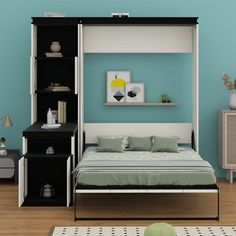 a bedroom with blue walls and white furniture in the corner, including a bed frame