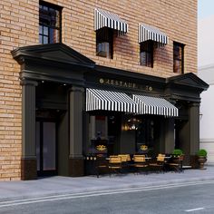 the outside of a restaurant with awnings over tables and chairs on the sidewalk