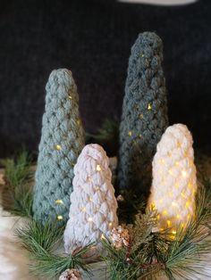 Crocheted trees with LED lights in 6, 10, and 12 inch heights. These come in a variety of colors and can be customized upon request. Yarn Trees, Christmas Yarn, Rustic Christmas Tree