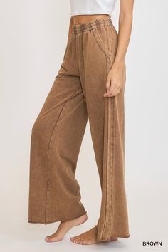 Mineral Washed Wide Leg Pants -French Terry Fabric -lightweight -unlined -non sheer -Fabric Contents - 85% Cotton, 15% polyester Kimono Duster, Duster Cardigan, Brown Pants, Terry Fabric, Plus Size Activewear, French Terry Fabric, Cardigan Vest, Team Apparel, Sheer Fabric