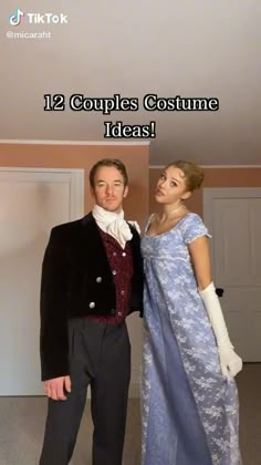 a man and woman dressed up in period clothing posing for a photo with the caption 12 couples costume ideas