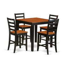 a wooden table with four chairs and a small square dining table in black and brown