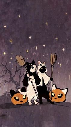 two cats are holding brooms and standing next to each other in front of a full moon