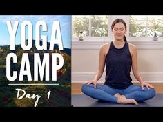 a woman sitting in a yoga position with the words yoga camp above her and below her