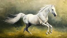 a painting of a white horse running in the grass