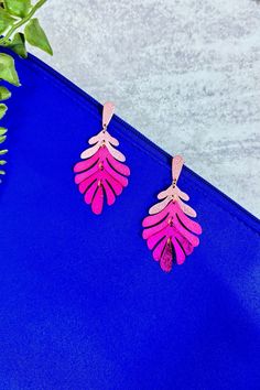 Island Glow Leaf Earrings - Adorned Rebel Vibrant Pink Earrings For Festivals, Colorful Vibrant Drop Earrings, Cheap Vibrant Pink Earrings, Vibrant Pink Beach Earrings, Hot Pink Tassle Earrings, Island Sunset, Charm Rings, Bar Accessories, Earrings Collection