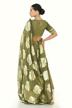 Olive green lehenga with golden petite patterns. Comes with sequin embroidered blouse and floral woven pattern frill bordered dupatta. - Aza Fashions Olive Green Lehenga, Lehenga Pattern, Green Lehenga, Woven Pattern, Embroidered Blouse, Aza Fashion, No Frills, Lehenga, Olive Green