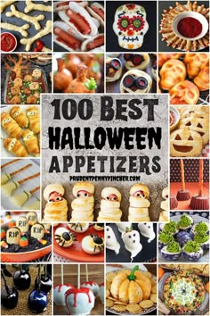 a collage of halloween appetizers with the words, 100 best halloween appetizers