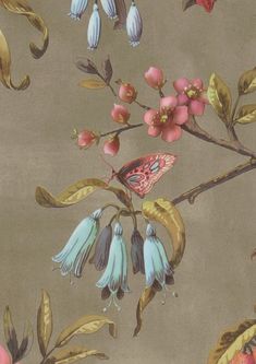 a painting of flowers and leaves on a brown background