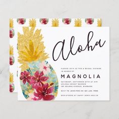 an aloha pineapple and flowers bridal party card on a marble surface