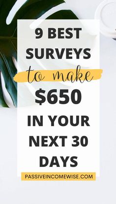 a white plate with green leaves and the words 9 best surveys to make $ 650 in your next 30 days