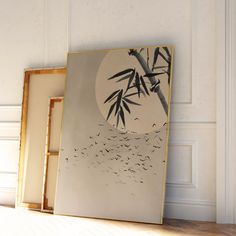 an image of birds flying in the sky over water under a bamboo tree framed art print