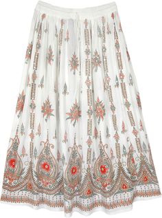 An exquisite Indian-style festival skirt in soft rayon fabric with golden, orangish red, and green printed ethnic motifs and sequin details.  This charming white skirt features floral block motifs with a golden outline, and the motifs are further decorated with sequins that enhance the look. #tlb #Bells #Dance #Floral #Printed #Indian #FestivalSkirt #TarotSkirt Festive Flared Skirt For Summer, Bohemian White Lined Maxi Skirt, White Bohemian Lined Maxi Skirt, Flowy Skirt For Festive Summer Events, Festive Tiered Skirt For Summer, Multicolor Bohemian Skirt With Floral Embroidery, Bohemian Multicolor Skirt With Floral Embroidery, Festive Bohemian Flared Skirt, Bohemian Tiered Skirt For Festive Occasions