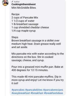 a text message that reads, cookin's breakfast muffins mix recipe