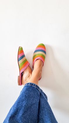 Beautiful and unique rainbow raffia mules for her. The upper part is handmade from palm leaves also known as raffia. It is fully handmade where the raffia is weaved by women and then soles are assembled from high end real leather. The insoles are also made from very good quality real leather. Every pair takes up to 2 days to make and we do focus on every details in order to create the ultimate shoe for you. ------------------------Size Conversion & Feet Measurements--------------------- EU 36 - US 5 - 25 cm         -  9.8 inch EU 37 - US 6 - 25.5 cm      -  10 inch EU 38 - US 7 - 26 cm         -  10.3 inch EU 39 - US 8 - 26,5 cm      -  10.5 inch EU 40 - US 9 - 27 cm         -   10.7 inch EU 41 - US 10 - 27,5 cm     -   10.9 inch EU 42 - US 11 - 28.2 cm     -    11 inch PLEASE VERIFY YOUR Raffia Mules, Raffia Shoes, Rainbow Shoes, Clogs And Mules, Woven Shoes, Chic Shoes, Crochet Shoes, Clogs Shoes, Shoe Lover