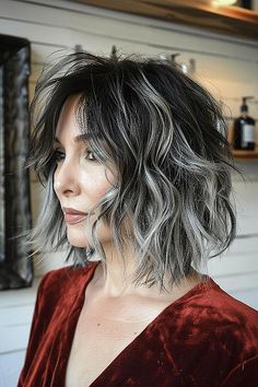 Purple Highlights Bob Haircut, Grey Shaggy Bob, Steel Gray Hair, Grey Highlights On Dark Hair, Grey Hair With Brown Lowlights, Black And Gray Hair, Choppy Bobs, Best Curly Haircuts, Layered Curly Haircuts