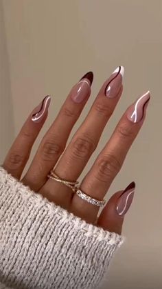 Trendy Acrylic Nails Almond Winter, Bergandi Acrylic Nails, Pretty Nails Simple Classy Almond, Spring French Tip Nails 2023, Rust French Tip Nails, Nail Designs Two Colors, Fancy Almond Nails Designs, Oval Nails Designs Spring, Shirt Fall Nails