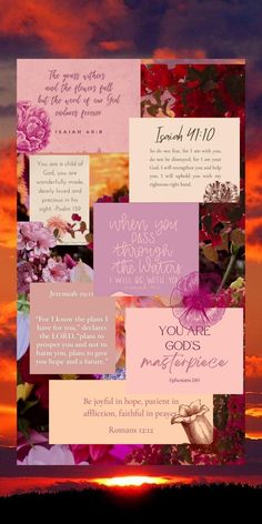 a collage of flowers with the sun setting in the background and some words written on it