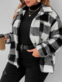 Preto e Branco Casual Collar Manga Comprida Flanela Xadrez Pelúcia Embellished Elasticidade Média Check Jacket Outfit, Drop Shoulder Coat, Oversized Wool Coat, Checkered Jacket, Fluffy Jacket, Checked Jacket, Plus Size Coats, Pocket Cardigan, Knitted Coat