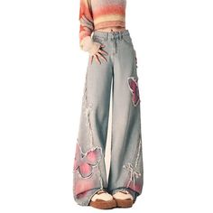 Lunivop American Vintage Spring New Butterfly Embroidery Design Plush Edge Jeans Women's Button Zipper Pockets Wide Leg Straight Pants Material: COTTON Elasticity: High Strecth Fabric Type: Softener Length: full length Fit Type: LOOSE Style: Sweet modname=ckeditor Y2k Butterfly Jeans, Butterfly Trousers, Baggy Jeans Butterfly, Wide Leg Butterfly Jeans, Spring Tie-dye Wide Leg Jeans, Urban Jeans, Summer Jeans, Vintage Spring, Casual Hoodie