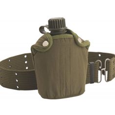 an olive green water bottle holder attached to a belt with metal buckles on it