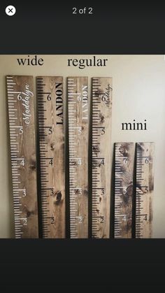 three wooden rulers with the words wide, regular and mini written in black on them