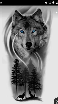 an image of a wolf with blue eyes on his face and some trees in the background