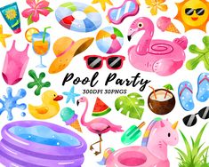 watercolor pool party clipart set with flamingos, swimming floats and other items