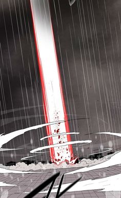 a red and white object is in the middle of a black and white scene with rain falling on it