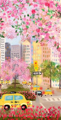 a painting of a yellow taxi driving down a street with pink flowers on the trees