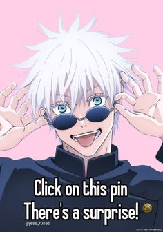 an anime character with white hair wearing sunglasses and holding his hands up to the side