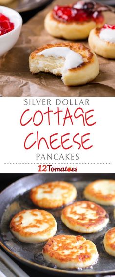 silver dollar cottage cheese pancakes on a pan