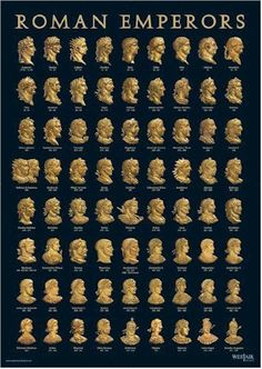 the roman emperors are depicted in gold on a black poster hanging on a wall