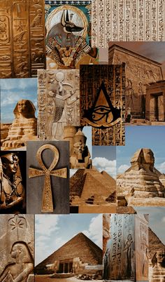 an image of egyptian architecture collaged in multiple pictures with the pyramids and other ancient symbols