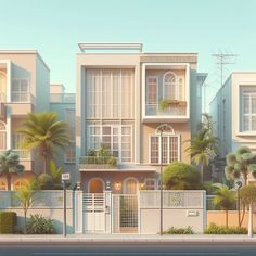 an artist's rendering of a three - story apartment building with palm trees in the foreground